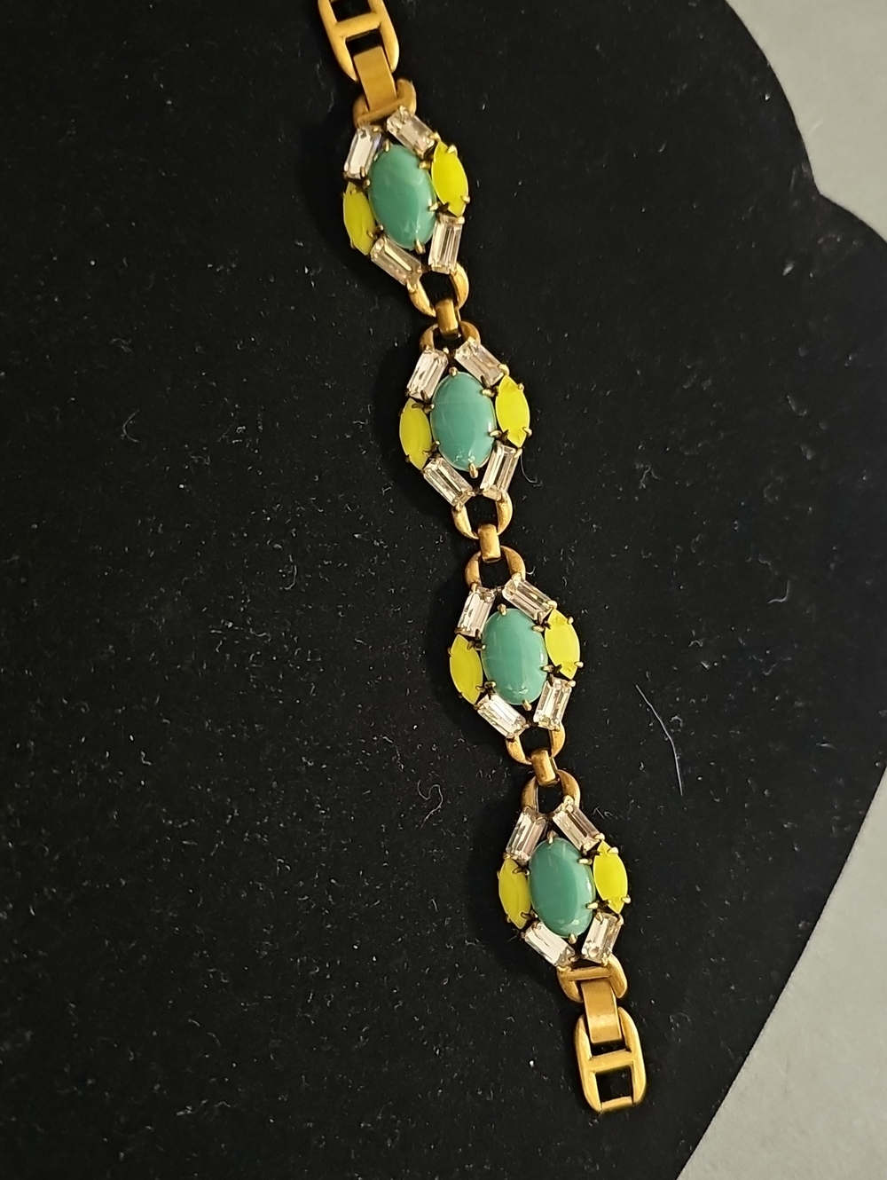 Gold-Tone Bracelet with Mint Green‎ and Neon Yellow Set Stones. Brass Metal